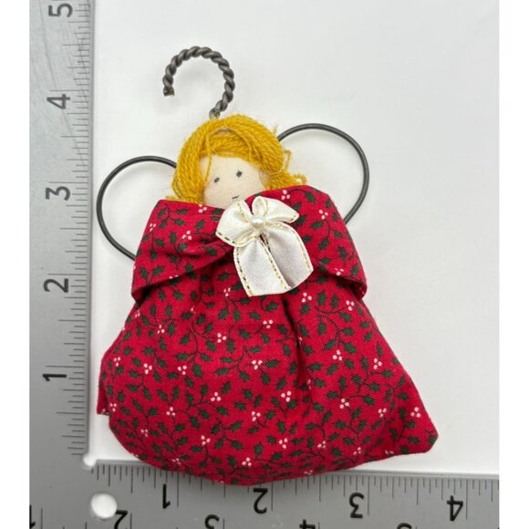 Fabric Holly Angel Christmas Tree Ornament Red Gown Handmade Folk Art Holiday - Picture 2 of 6